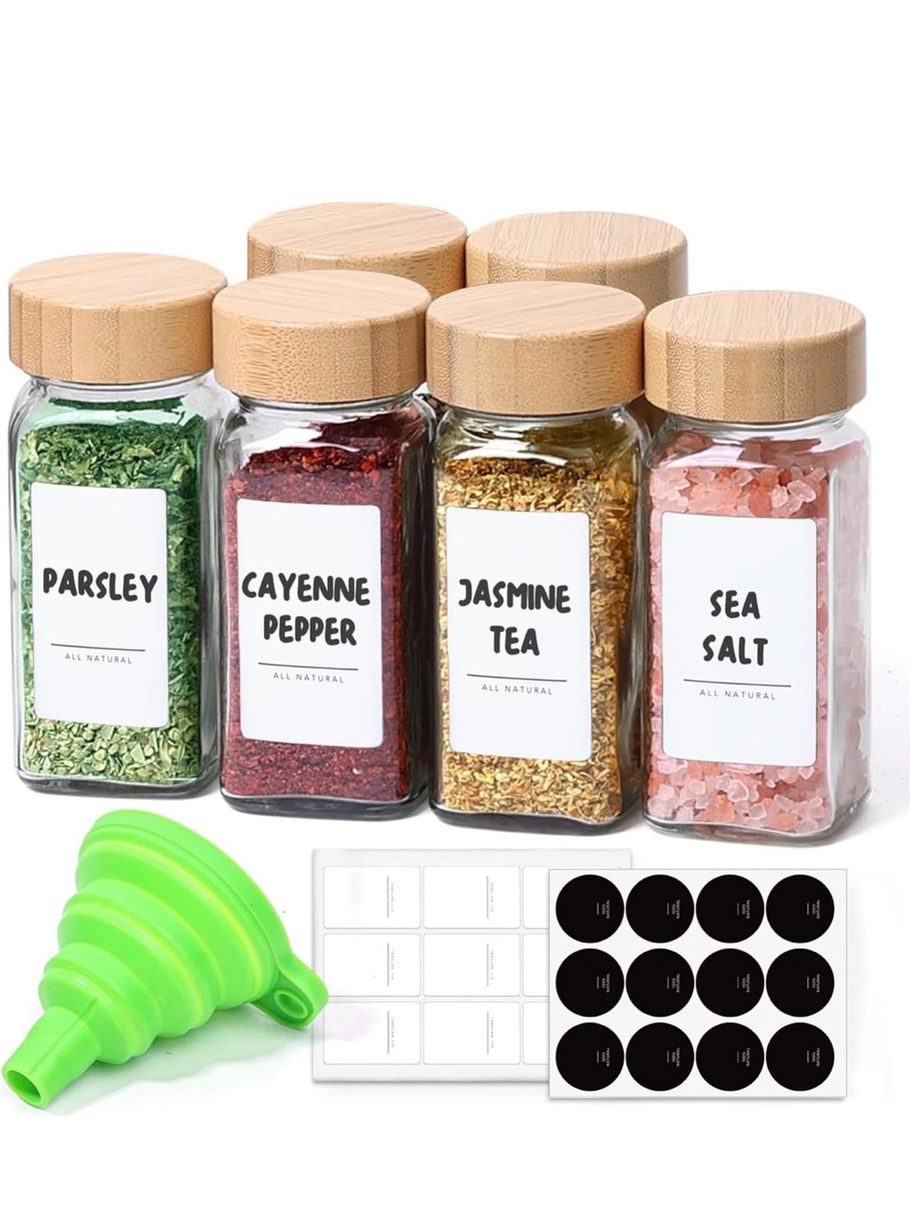 Glass Spice Jars Set with Bamboo Lids  04 oz- Green, Red, Yellow, Pink